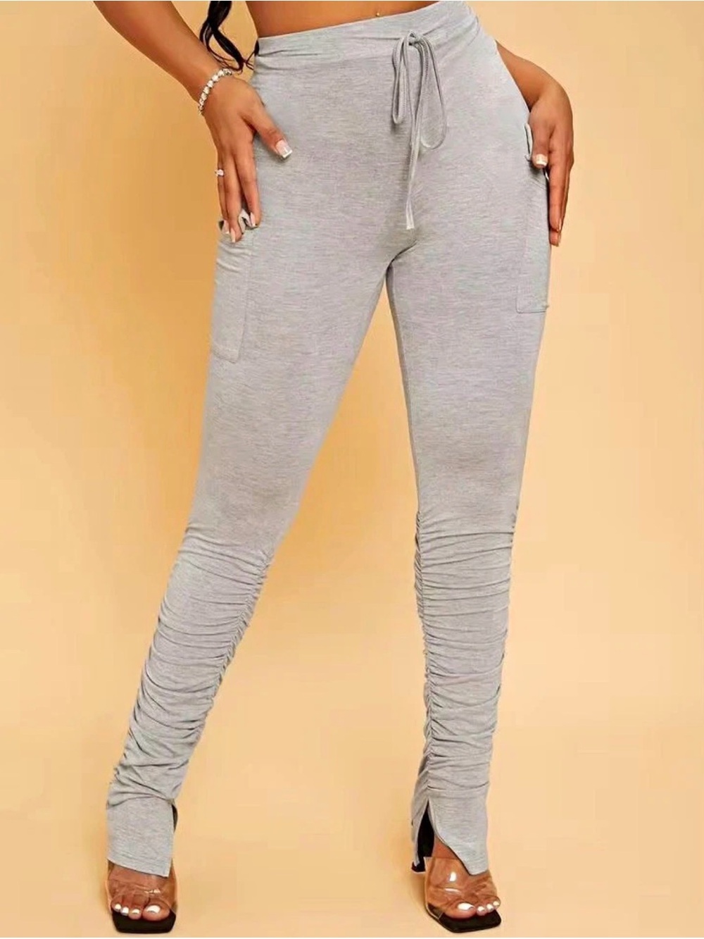 SHEIN SXY Gray Solid Ankle Leggings M Viscose Drawstring Elastic Waist Pockets